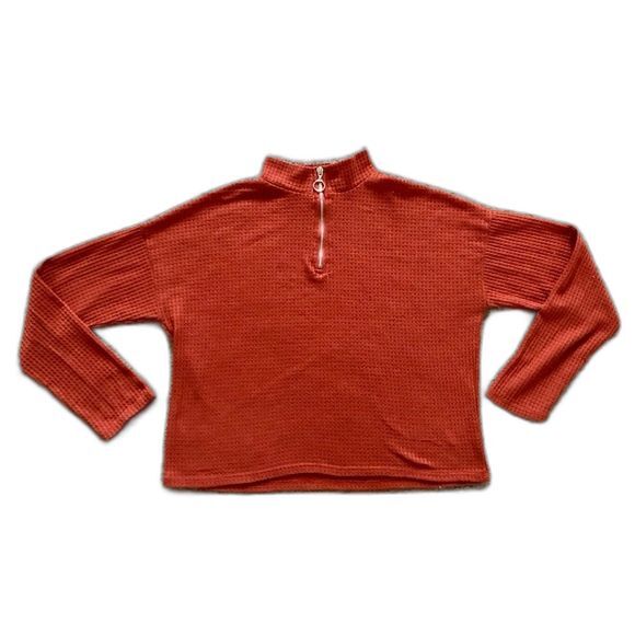 Caution To The Wind Tops - Caution to the Wind Orange Waffle Knit Quarter Zip Mock Neck Long Sleeve Top